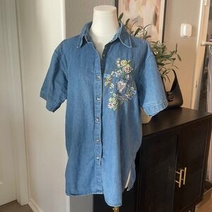Effeci Floral Embroidered Denim Shirt Womens Large Blue Vintage 90s Short Sleeve
